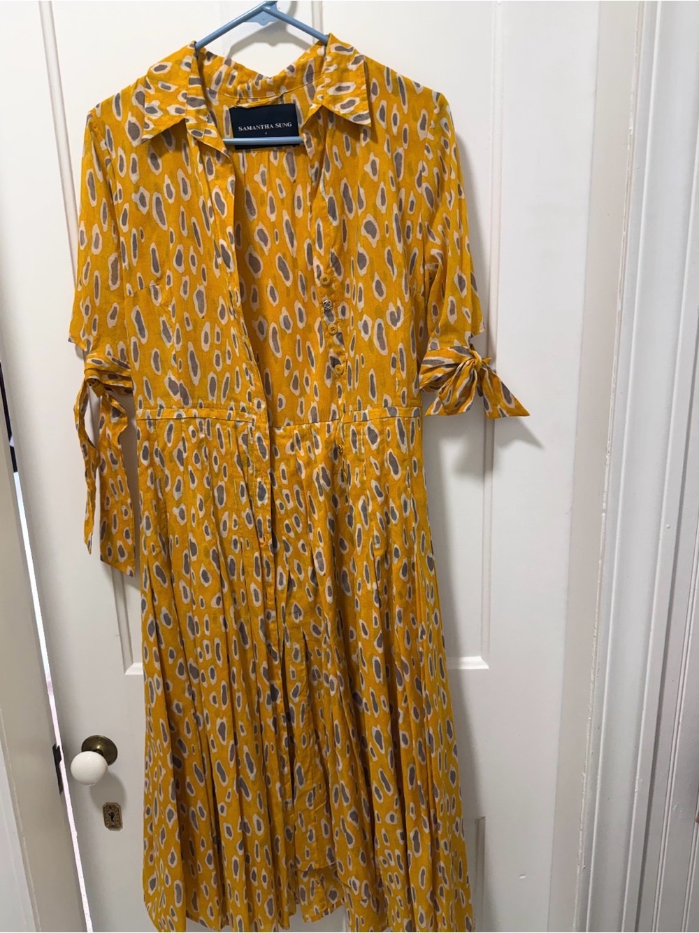 SAMANTHA SUNG Mustard and Ivory Printed Button-Front Midi Dress
